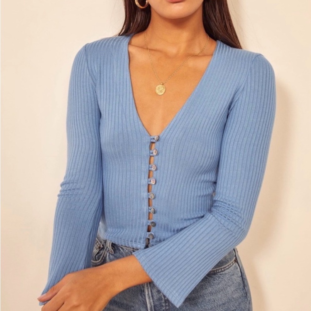 Reformation Sky Blue Ribbed Button-Down Cardigan